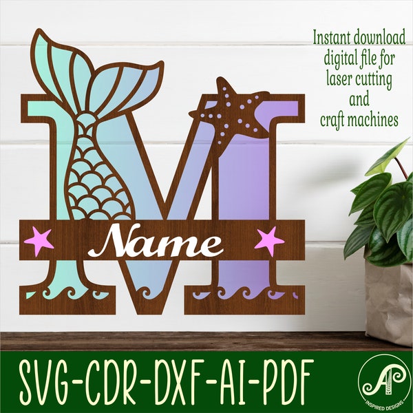 Mermaid tail monogram letter name signs. 3 layers SVG laser cut file, door or wall hanger, vector file  ai, cdr, dxf pdf instant file