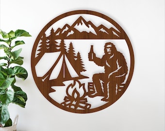 Bigfoot Camping Wall Art SVG, Sasquatch Campfire Beer Sign, Laser Cut (Digital Download)