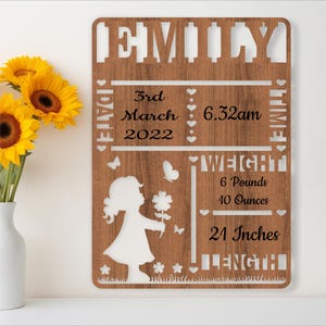 Little girl Baby stats, Birth plaque, announcement sign template SVG, nursery themed wall hanger, Laser cut template, instant download
