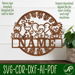 Signe de nom d’animaux Safari mignon, SVG, porte ou cintre mural sur le thème des animaux, modèle découpé au laser, téléchargement instantané Fichier vectoriel Ai, Cdr, Dxf