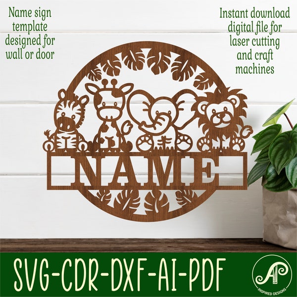 Cute Safari animals name sign, SVG, animal themed door or wall hanger, Laser cut template, instant download Vector file Ai, Cdr, Dxf