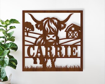 Highland Cow Name Sign SVG: Personalized Farm Laser Cut decor template (Digital Download)