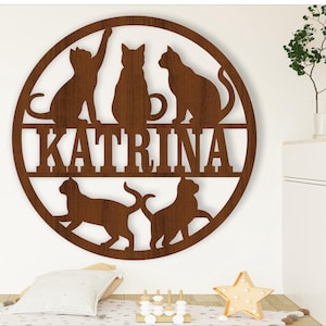 Cartello con nome per amanti dei gatti, SVG, porta o appendino a tema animale, modello tagliato al laser, download immediato File vettoriale Ai, Cdr, Dxf