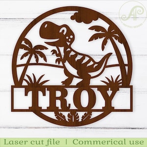 Dinosaurier T-Rex Kinderzimmer Namensschild, Laser geschnitten Datei SVG, Dino Wanddekor, sofortiger Download Vektor Vorlage Ai, Cdr, Dxf