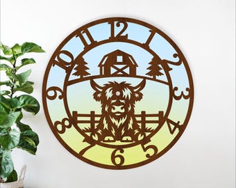 Highland Cow Clock SVG, Farm Wall Decor Laser Cut, Kids Cow Clocks (Digital Download)