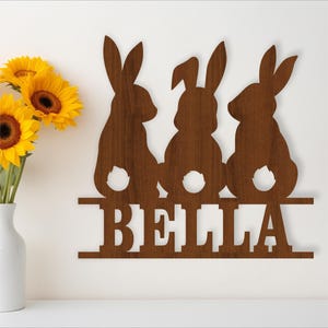 Adorabile cartello con nome del trio di conigli - Modello SVG tagliato al laser per il download immediato