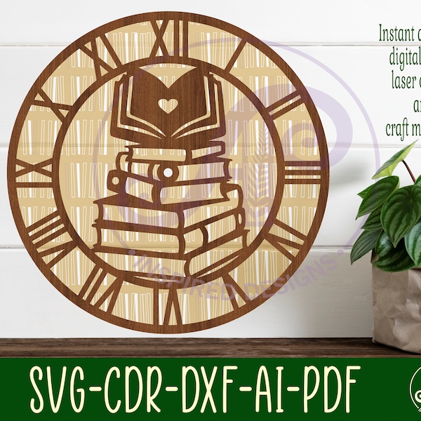 Book lovers wall clock laser cut files, SVG file. vector file ai, cdr, dxf instant download digital design, cut file template