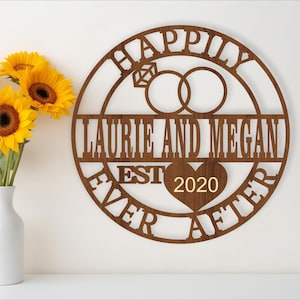 Letrero con el nombre "Felices para siempre", SVG, colgador de puerta o pared con temática de matrimonio, plantilla cortada con láser, descarga instantánea, archivo vectorial Ai, Cdr, Dxf