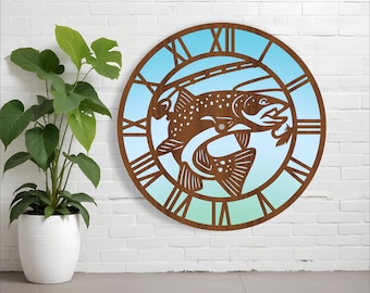 Fishing trout wall clock laser cut files, SVG file. vector file ai, cdr, dxf instant download digital design, cut file template