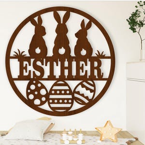 Osterhasen Namensschild, Laser geschnitten Datei SVG, saisonaler Wandhänger, sofortiger Download Vektor Vorlage Ai, Cdr, Dxf