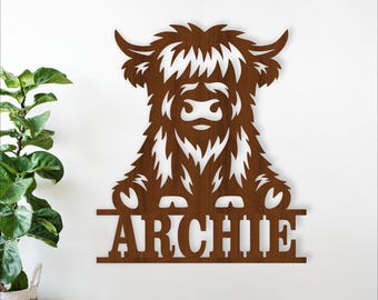 Highland Cow Name Sign SVG laser cut - Farm Animal personalized decor (Digital Download)