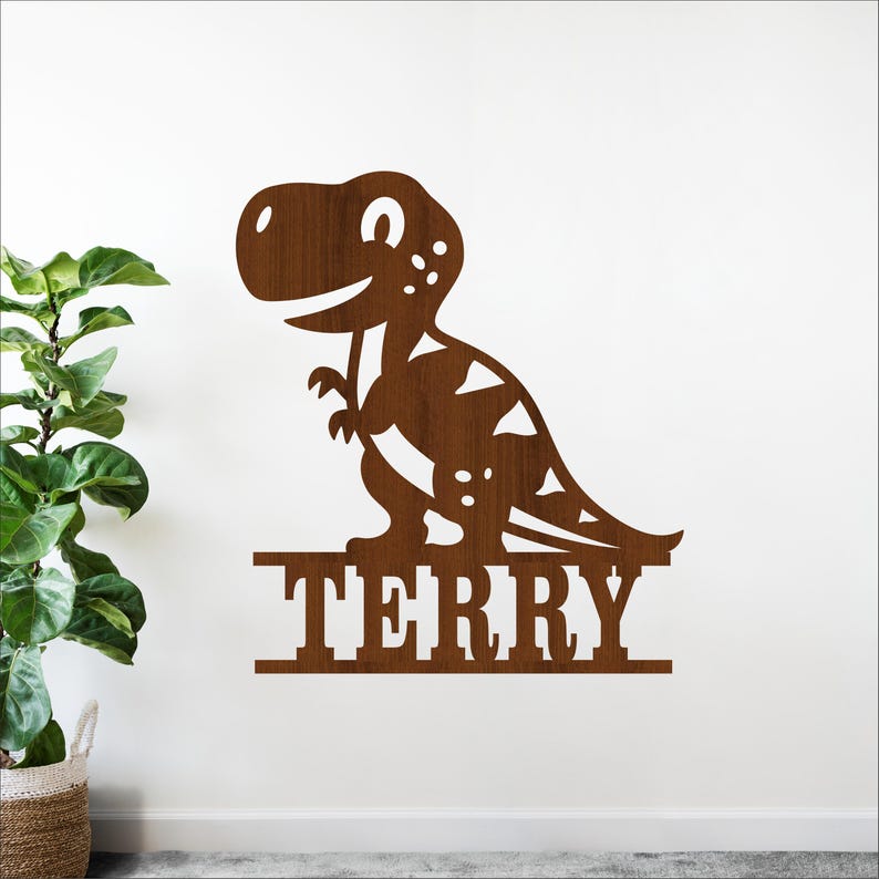T-Rex Dino namnskylt - Dinosaur personlig laserskuren SVG-mall (digital nedladdning) bild 1