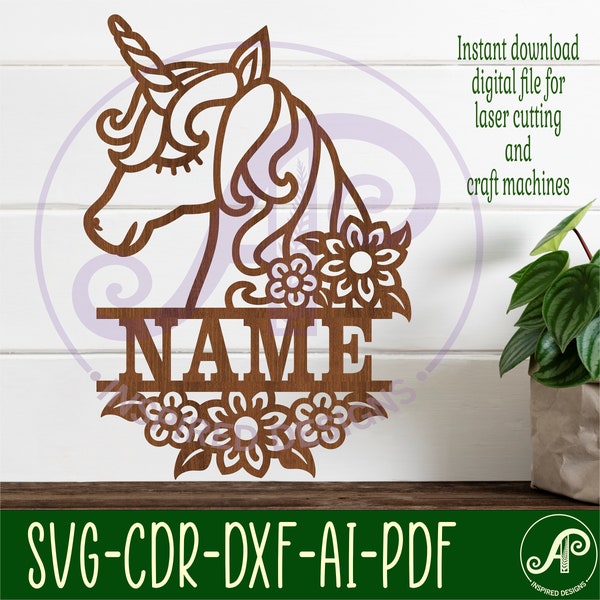 Unicorn name sign SVG laser cut template, door or wall hanger, vector file ai, cdr, dxf pdf instant download