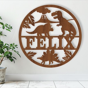 Targa con nome per vivaio di dinosauri - File SVG tagliato al laser per porta o appendino a parete a tema animale, modello vettoriale con download immediato Ai, Cdr, Dxf