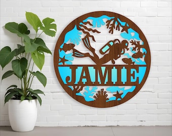 Scuba Diver Layered Name Sign: Ocean Wall Art, Laser Cut Template (Digital Download)