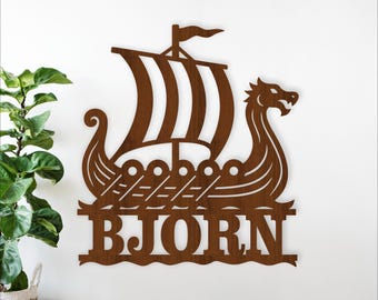 Viking Ship Name Sign - Laser Cut Nordic personalized Dragon Boat Decor (Digital Download)