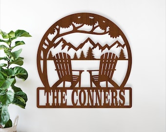 Mountain Home Name Sign SVG - Laser Cut Cabin Decor - Adirondack Chairs Personalized (Digital Download)