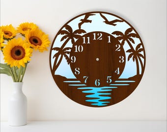 Beach scene clock design laser cut files, SVG file. vector file ai, cdr, dxf instant download digital design, cut file template