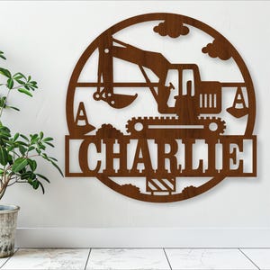 Placa de nome de escavadeira de construção, SVG, decoração de berçário com tema de veículo, modelo de corte a laser, download instantâneo de arquivo vetorial Ai, Cdr, Dxf