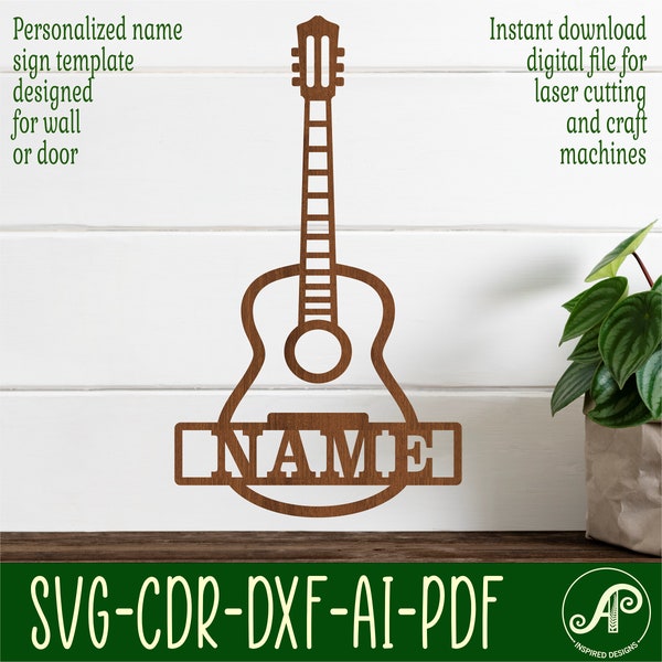 Guitar Acoustic name sign SVG laser cut template, door or wall hanger, vector file ai, cdr, dxf pdf instant download