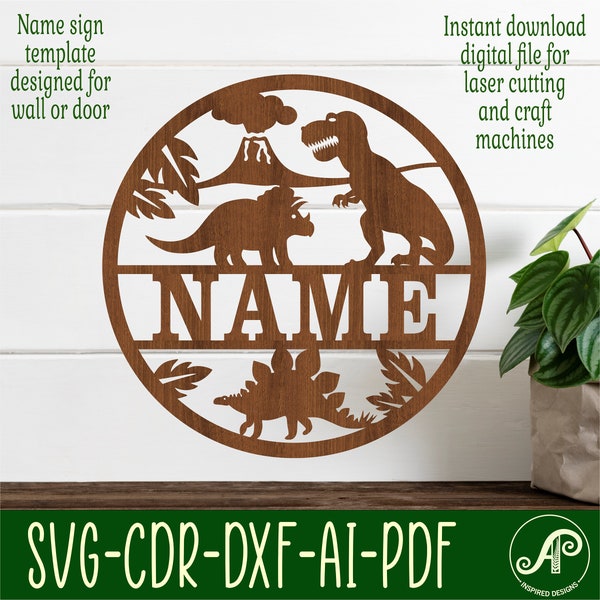 Dinosaur nursery name sign, Laser cut file SVG, animal themed door or wall hanger, instant download Vector template Ai, Cdr, Dxf