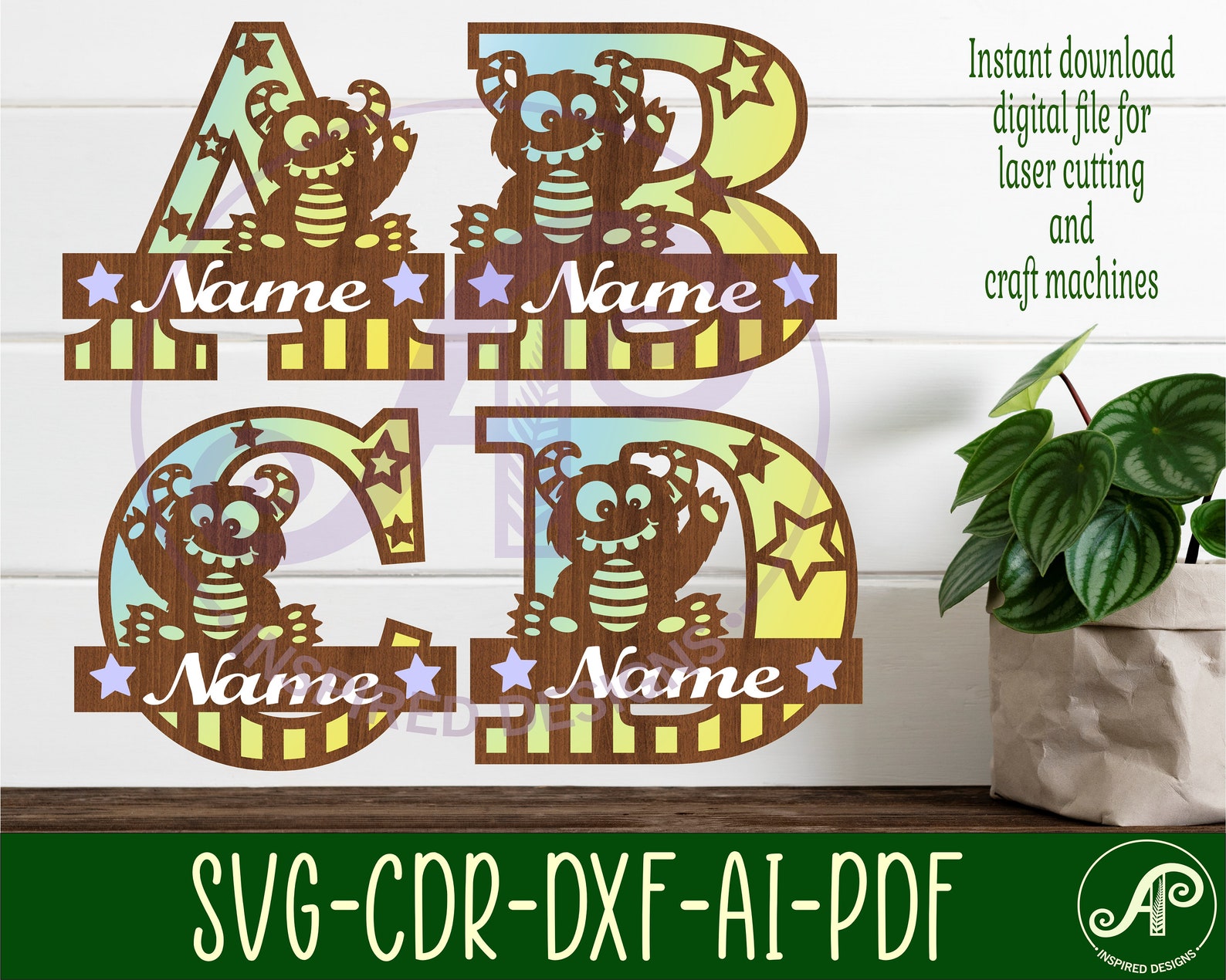 Monster Monogram Letter Name Signs. 3 Layers SVG Laser Cut File, Door ...