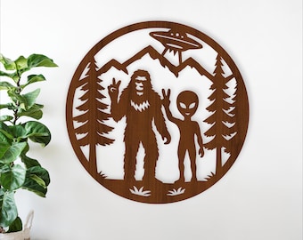 Bigfoot and Alien Wall sign SVG - UFO forest Silhouette Sign Laser Cut  (Digital download)