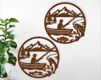 Fishing Wall sign SVG Bundle | Fisherman Mountain Scene- Laser Cut Fish decor (Digital Download)