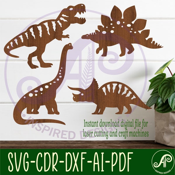 Paquete SVG de dinosaurio detallado. 4 diseños, arte de pared Archivos vectoriales, archivo cortado con láser, formas. Ai, Cdr, Dxf descarga instantánea de archivos digitales dino