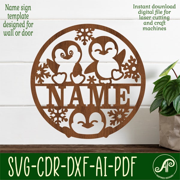 Penguins name sign, SVG, animal themed door or wall hanger, Laser cut template, instant download Vector file Ai, Cdr, Dxf