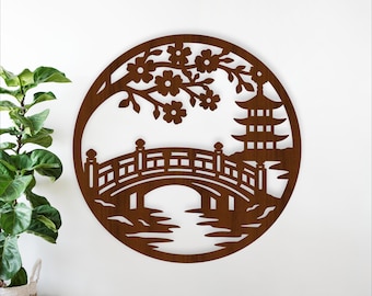 Japanese Bridge Wall Art SVG, Pagoda Cherry Blossom Laser Cut  Decor Sign (digital download)