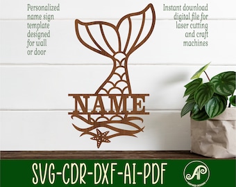 Mermaid tail name sign SVG laser cut template, door or wall hanger, vector file ai, cdr, dxf pdf instant download