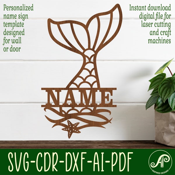 Mermaid tail name sign SVG laser cut template, door or wall hanger, vector file ai, cdr, dxf pdf instant download