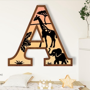 Letras grandes de animales de safari para pared, letreros de 3 capas. Plantilla para máquina de corte láser y manualidades SVG, ai, cdr, dxf, pdf