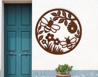 Bee Hive and flowers wall Sign: Laser Cut Bees Wall Decor (Digital download)