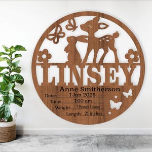 Ciervo y conejo Estadísticas de bebé, Placa de nacimiento, Plantilla de letrero con nombre de bebé recién nacido SVG, Plantilla cortada con láser, Descarga instantánea Ai, Cdr, Dxf woodland