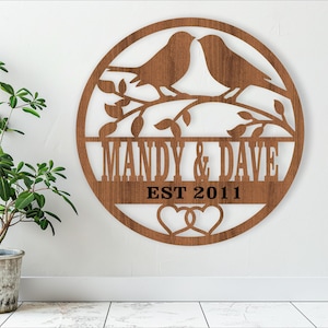 Letrero con nombre de pájaros enamorados, SVG, colgador de puerta o pared con temática de matrimonio, plantilla cortada con láser, descarga instantánea Archivo vectorial Ai, Cdr, Dxf