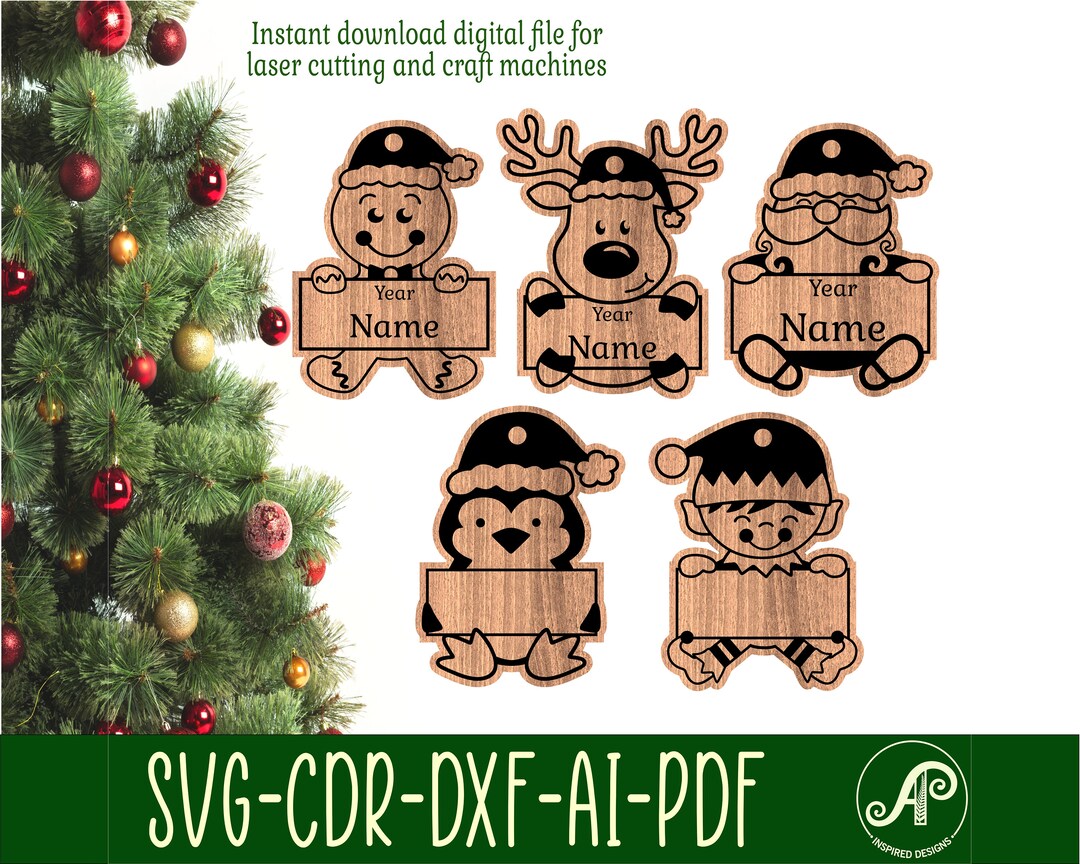 Shape Engraved Christmas Ornaments, 5 Cute Designs SVG Laser Cut