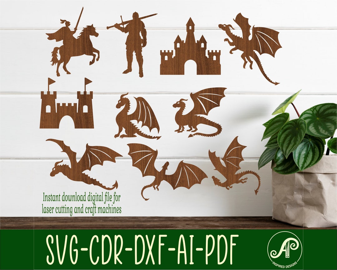 Dragon, Castle and Knight Shapes. 10 Laser Cut SVG Vector Files. Ai ...