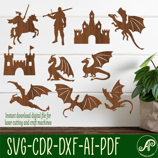 Formes de dragon, de château et de chevalier. 10 fichiers vectoriels SVG découpés au laser. ai, cdr, dxf téléchargement instantané. découpes avec détails