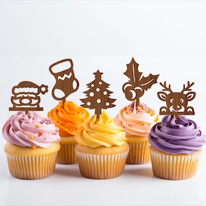Weihnachten Cupcake Topper, 12 Designs SVG Laserschnitt, sofortiger Download Pdf, Dxf, Ai und Cdr Vorlage.