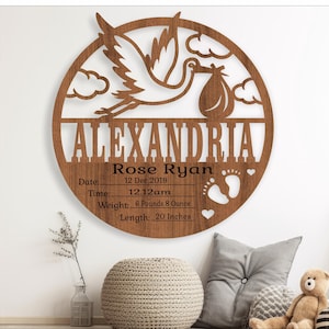 Statistieken ooievaar baby, geboorteplaat, pasgeboren baby naam teken sjabloon SVG, lasergesneden sjabloon, instant download Ai, Cdr, Dxf