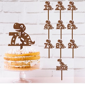 Niedliche T-Rex Zahl Cake Topper Bundle, SVG Laser-Schnitt, sofortiger Download Pdf, Dxf, Ai und Cdr Vorlage.