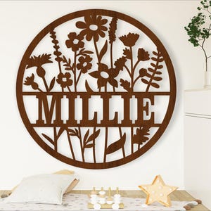wilde Blumen Namensschild, SVG, Tür- oder Wandhänger mit dem Thema Natur, Laser geschnittene Vorlage, sofortiger Download Vektordatei Ai, Cdr, Dxf