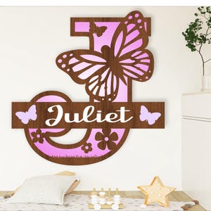 Letras monogramadas de mariposa monarca para letreros con nombre. Plantilla de corte láser SVG de 3 capas, colgador de puerta o pared, archivo instantáneo en formato ai, cdr, dxf y pdf