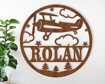 Airplane Name Sign SVG: Laser Cut Personalized Nursery Wall Decor (digital download)