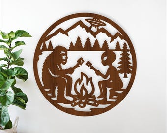 Bigfoot and Alien Campfire Wall sign SVG - UFO Camping Sign Laser Cut  (Digital download)