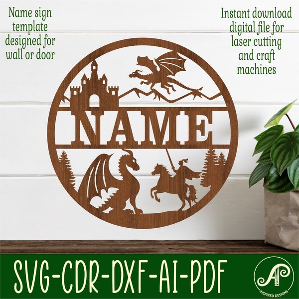 Dragon and knight name sign, SVG, fantasy themed door or wall hanger, Laser cut template, instant download Vector file Ai, Cdr, Dxf