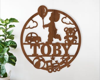 Little Boy and Toys Name Sign: Laser Cut SVG Boys nursery decor (Digital Download)