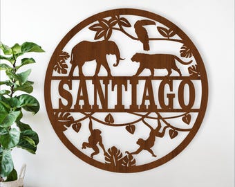 Jungle Animal Name Sign SVG: Laser Cut personalized wild animal kids decor (Digital Download)